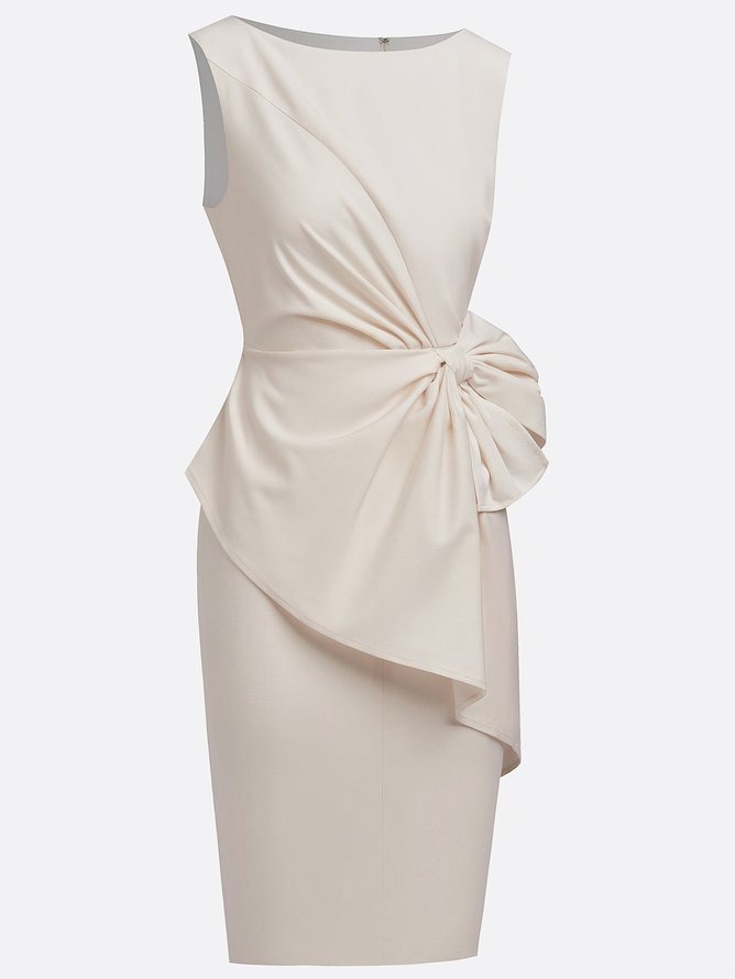 White Bow Asymmetric Classic Boat Neck Sleeveless Sheath Midi Dress