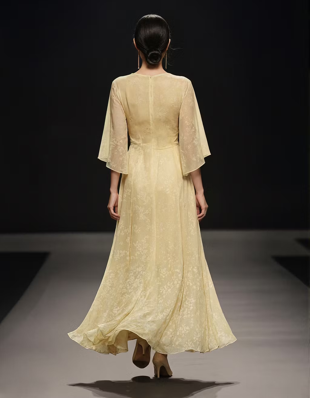 Pale Yellow Printed Deep V-Neck Bell Sleeve Chiffon Maxi Dress