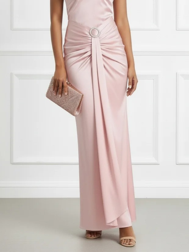 Pink Ruched Satin Halter Sleeveless Sheath Maxi Dress