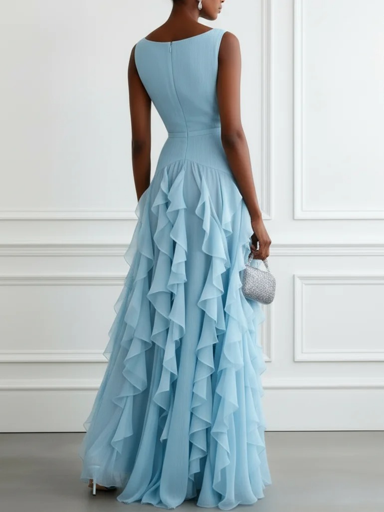 Light Blue Ruffled Chiffon Boat Neck Sleeveless A-Line Maxi Dress