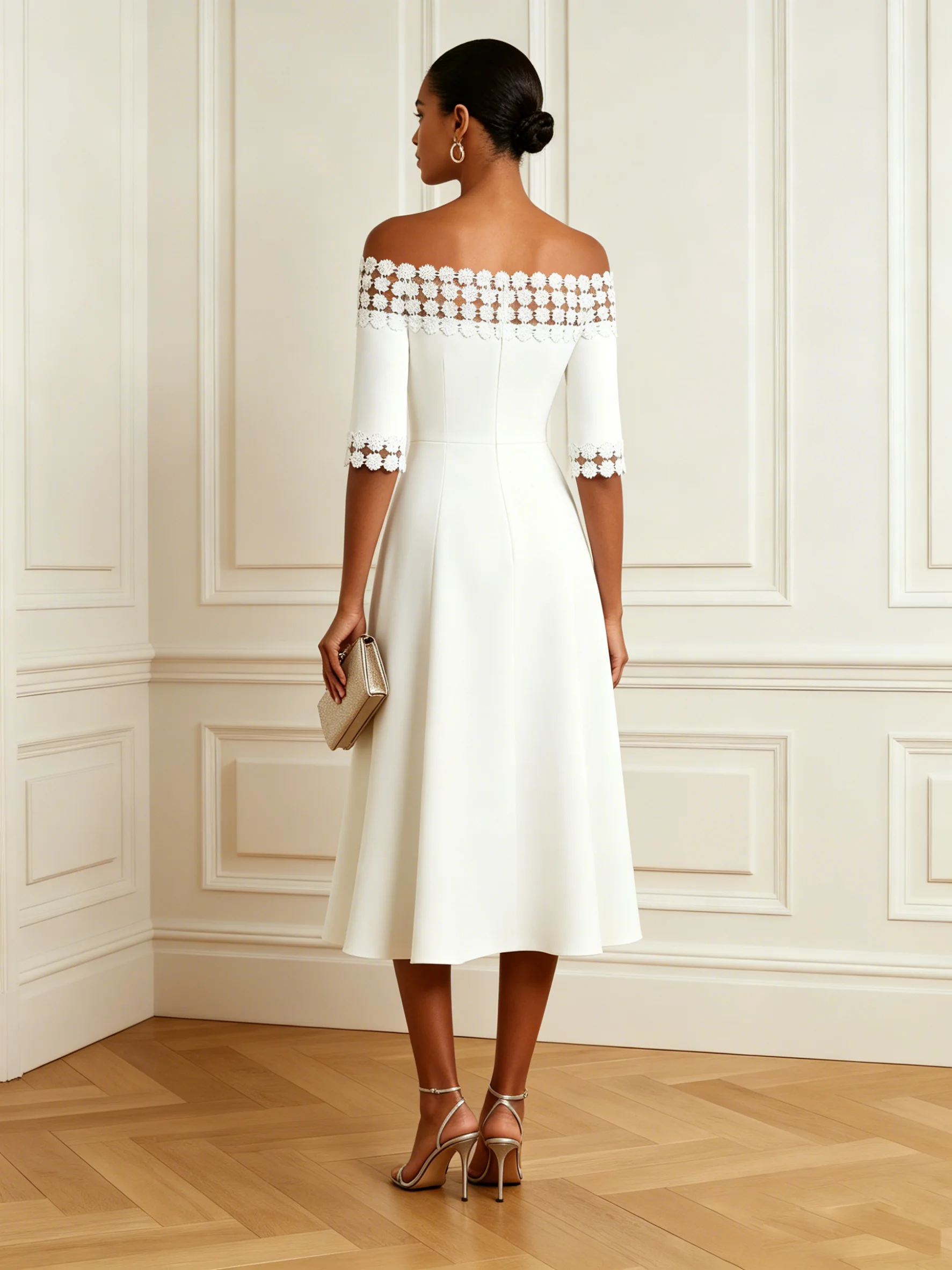 White Lace Classic Off The Shoulder Half Sleeve A-Line Midi Dress