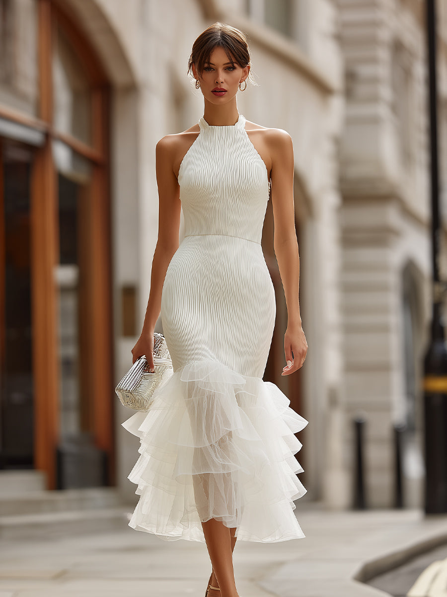 White Alter Neck Pleated Midi Dress With Layered Ruffle Hem
