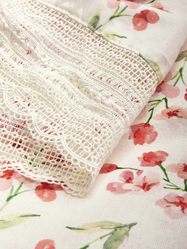 Linen Maxi Dress, Short Sleeve, Lace Collar, Floral, Vintage, White