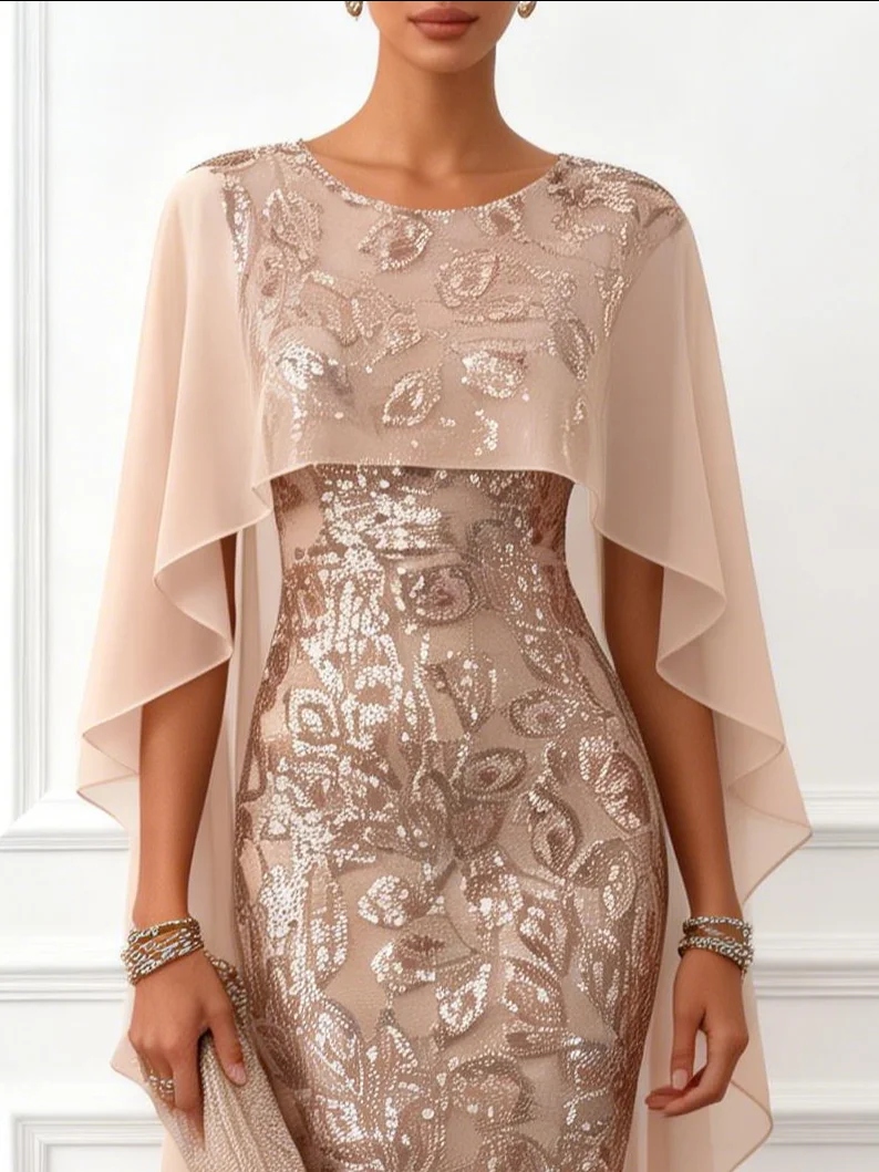 Champagne Glitter Sequin Crew Neck Cap Sleeve Sheath Floor-length Gown Dress