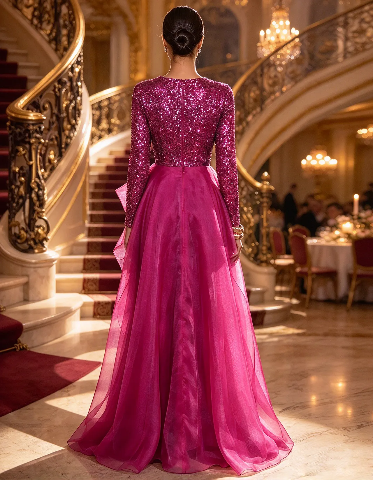 Solid Color Long Sleeve V-Neck With Sequins Maxi Dress