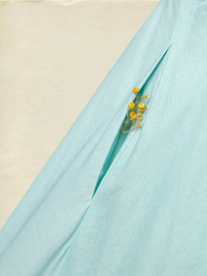 Maxi Linen Dress , Sleeveless, Round Neck, Feather Pattern, Pocket Design, Vintage, Sky Blue