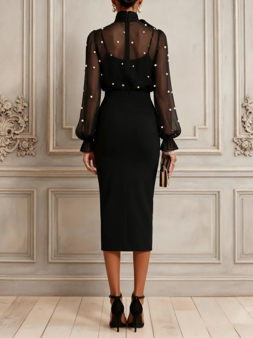Women Black Faux Pearl Bow Mock Neck Long Sleeve Puff Sleeve Dressy Top With Skirt Two-Piece Set