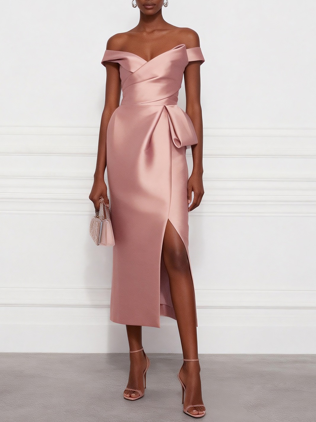 Pink Bow Satin Off The Shoulder Short Sleeve Sheath Midi Dress