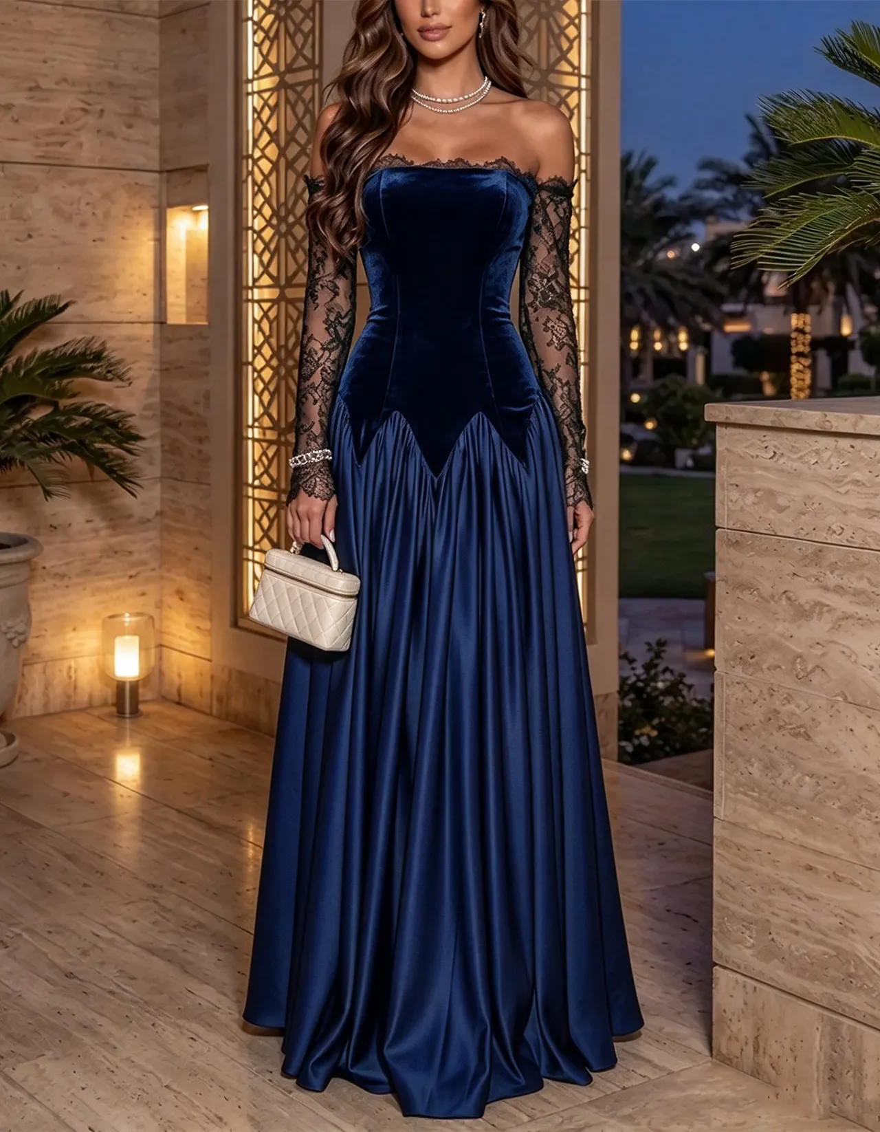 Green Off-the-Shoulder Lace Velvet & Satin Maxi Dress