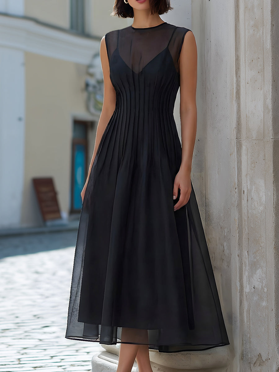Black Sheer Illusion Pleated Waist Midi Dress