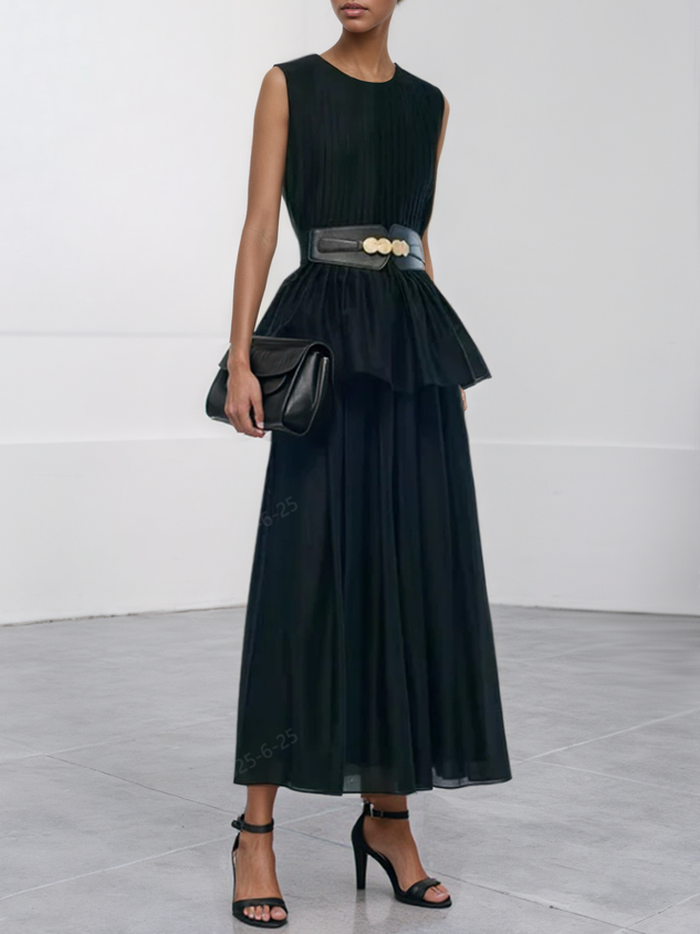 Women Black Lyocell Pleated Crew Neck Sleeveless Dressy Top With Skirt Two-Piece Set