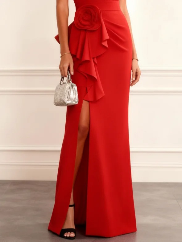 Red 3D Floral Side-Slit Classic Boat Neck Sleeveless Mermaid Maxi Dress