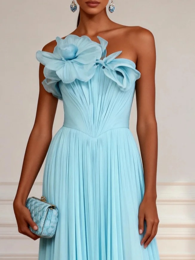 Light Blue 3D Floral Ruched Chiffon Strapless Sleeveless A-Line Floor Length Dress