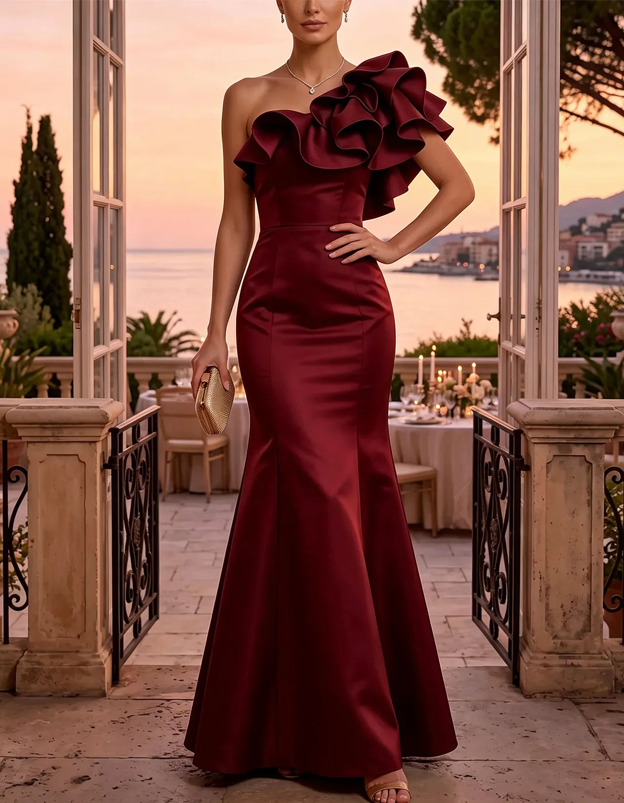 Satin One Shoulder Layered Large Ruffle Trim Maxi Dress