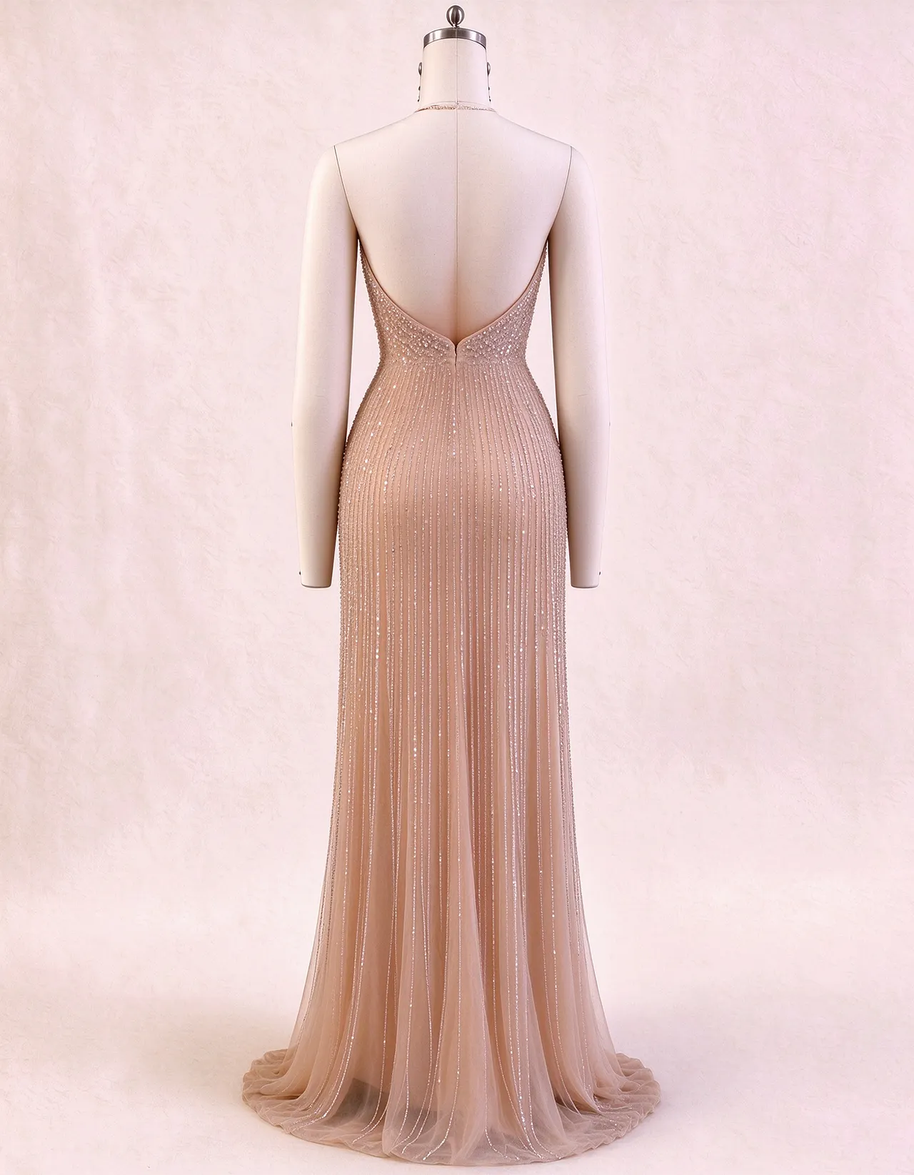 Nude Colored Halter Neck Crystal Evening Gown
