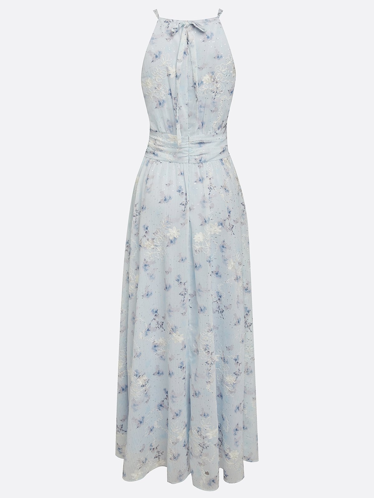 Light Blue Stamped Bronzing Jacquard Floral Chiffon Halter Sleeveless A-Line Maxi Dress