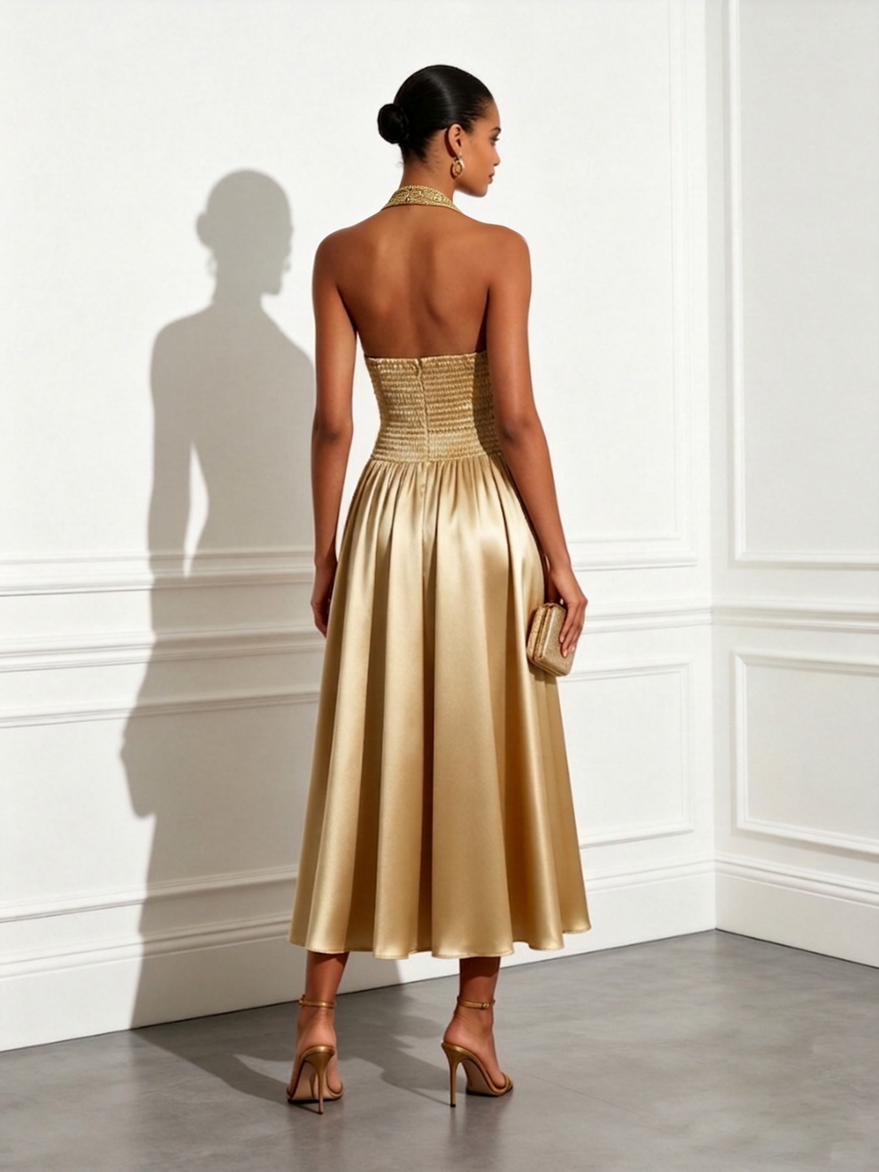 Golden Satin Halter Sleeveless A-Line Midi Dress