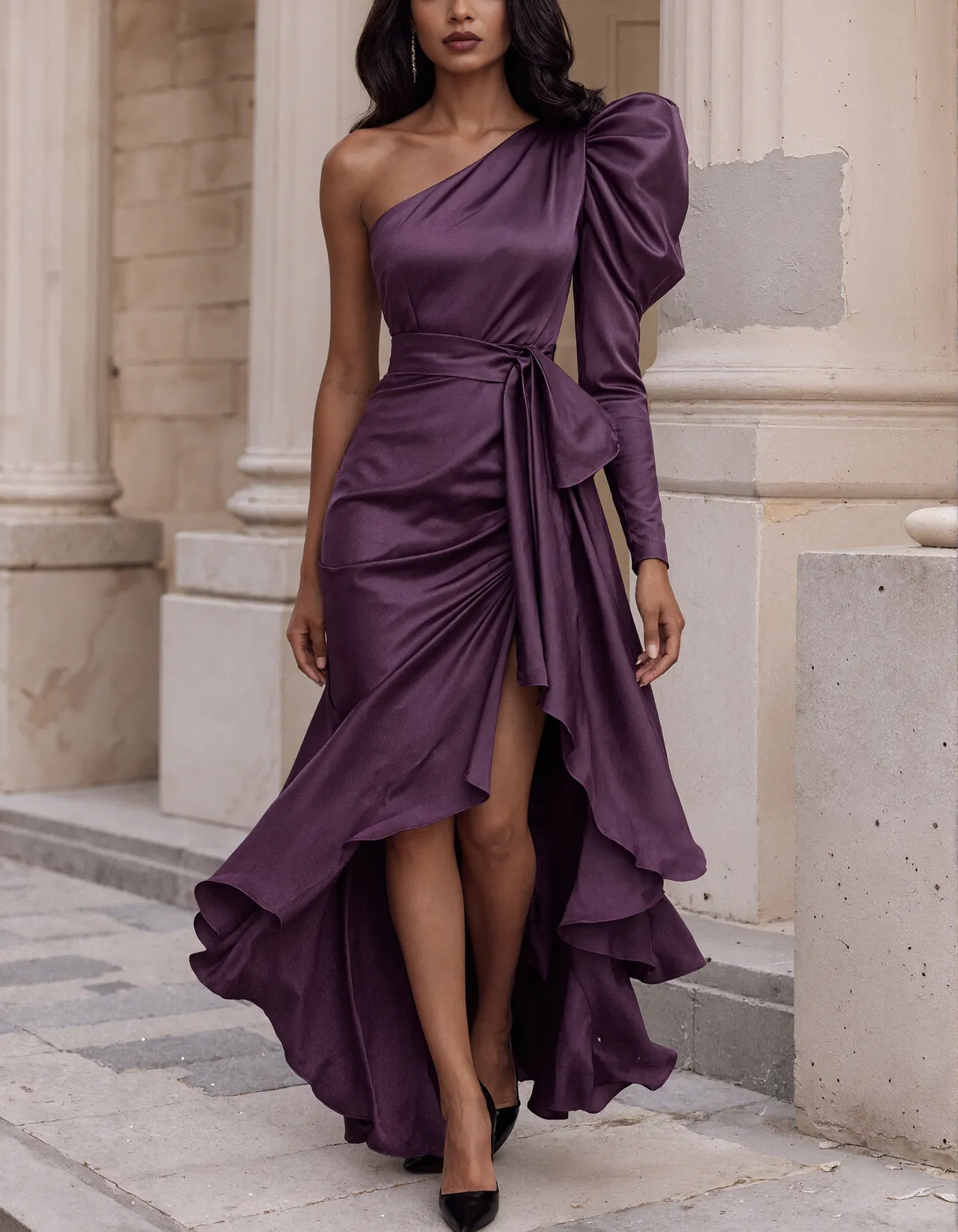 Purple Satin One Shoulder With Puffed Long Sleeves Maxi Dress