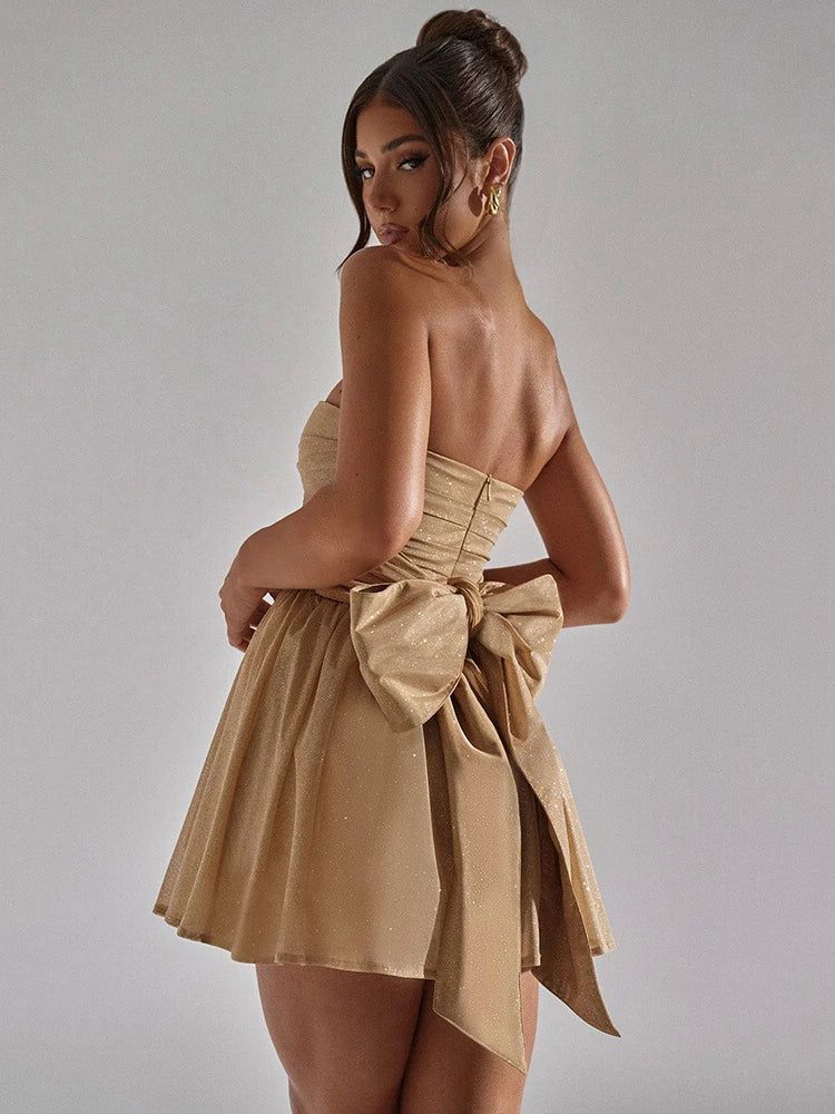 Champagne Glitter Strapless Tulle Mini Dress