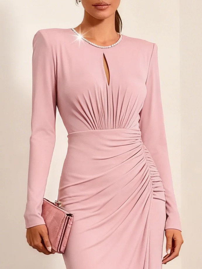 Pink Rhinestone Ruched Knit Crew Neck Long Sleeve Bodycon Midi Dress