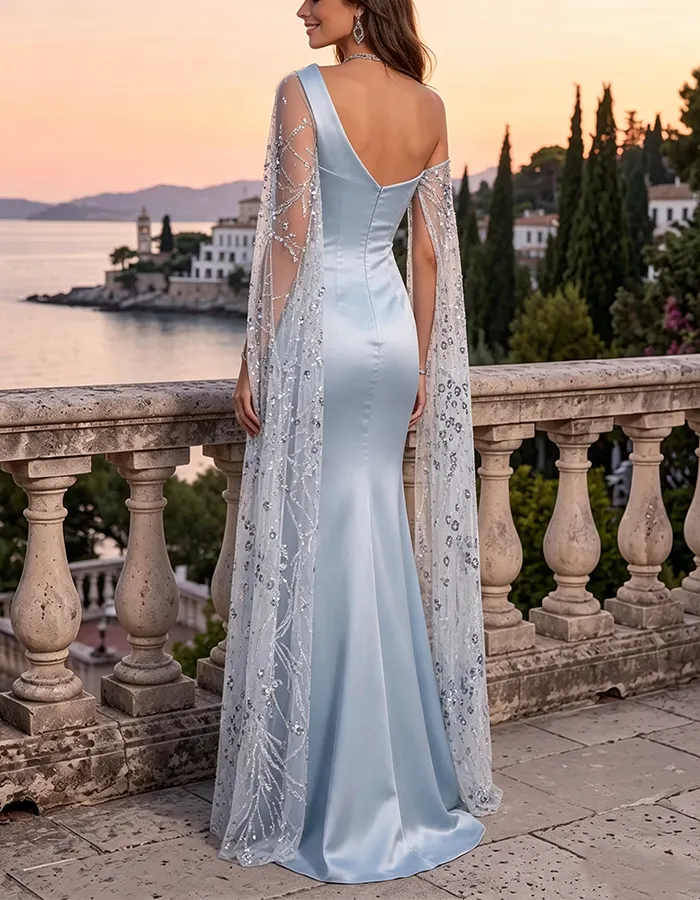 Light Blue One‑Shoulder Bow‑Accent Satin with Sequin‑Embroidered Cape‑Sleeve Mermaid Maxi Dress