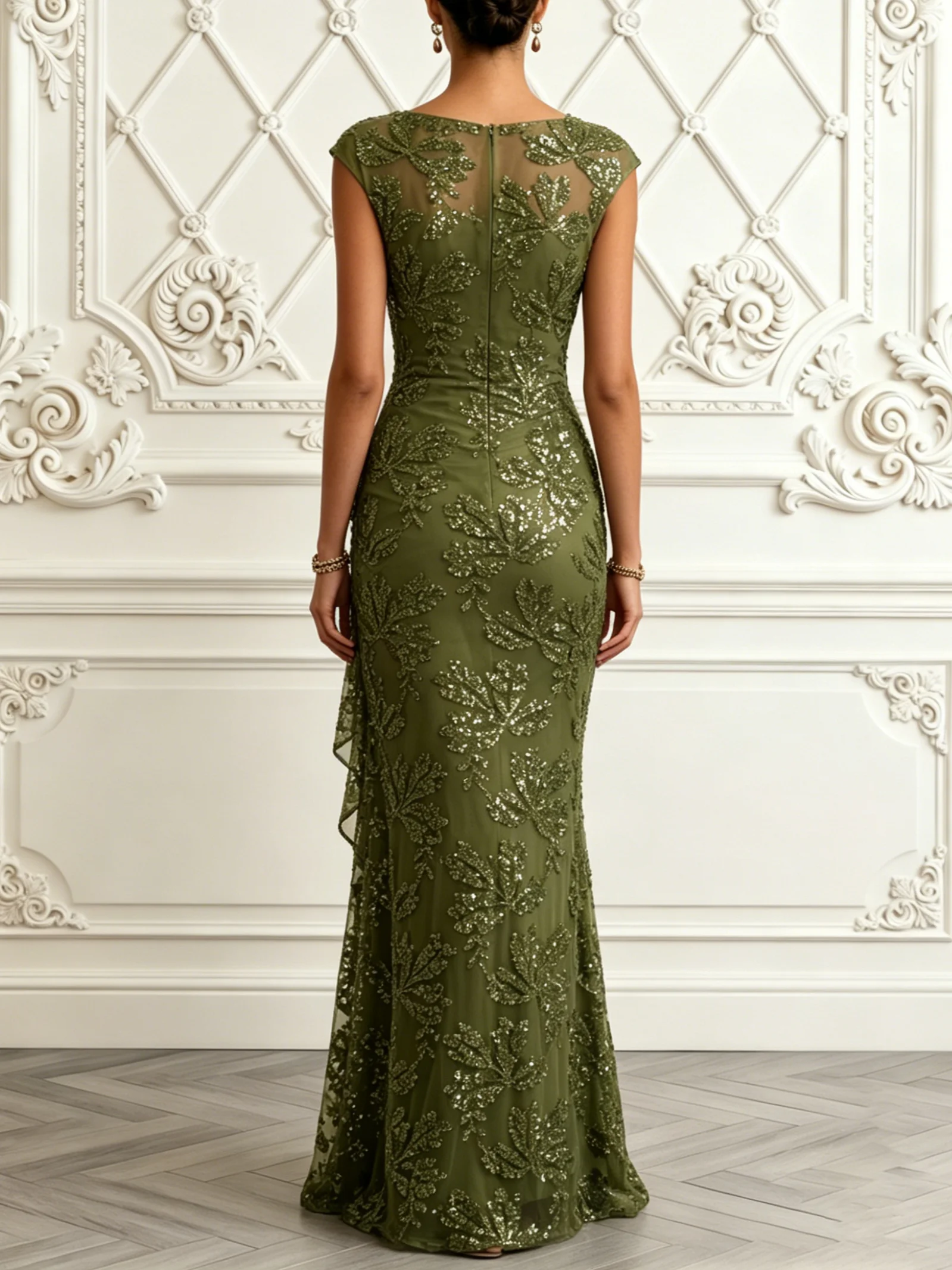 Army Green Glitter Ruffled Sequin Boat Neck Sleeveless Mermaid Floor Length Dress