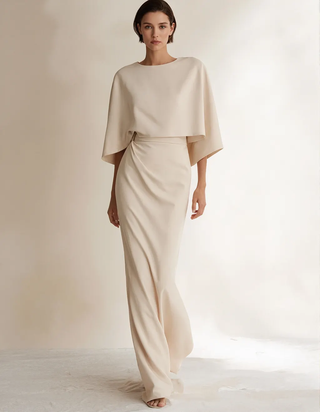 Cream Colored Shawl Sleeves Fishtail Maxi Dress