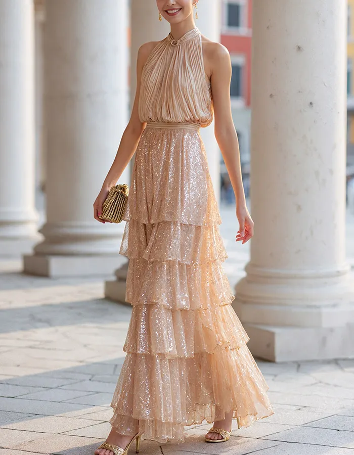 Champagne Halter Neck Tiered Sequin Maxi Dress