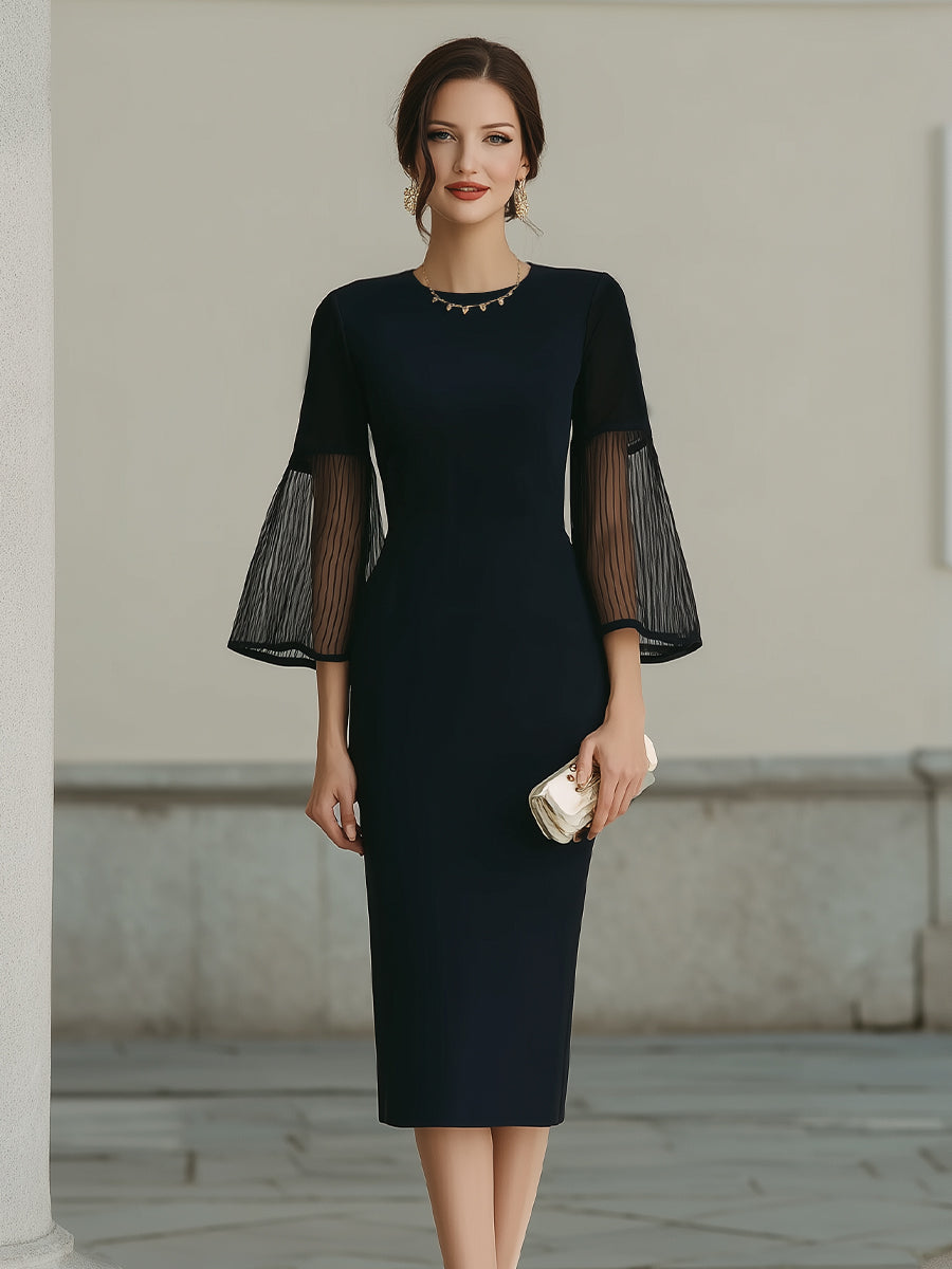 Black Midi Dress With Sheer Pleated Bell Sleeves