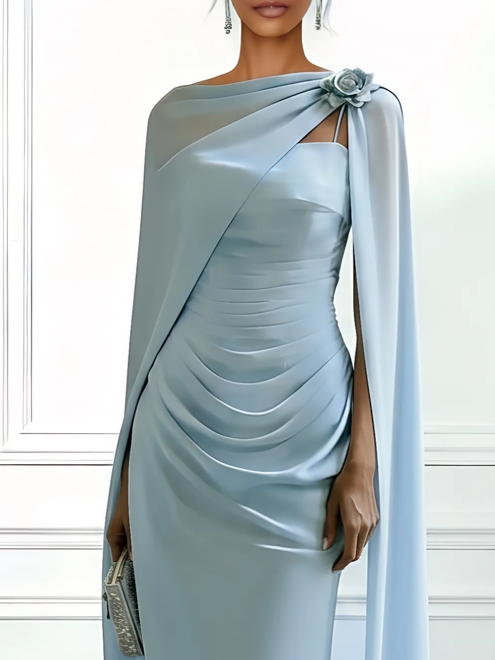 Light Blue 3D Floral Satin Boat Neck Cap Sleeve Sheath Gown Dress