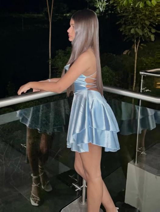 Light Blue Satin Sweetheart Double Ruffle Flare Mini Dress