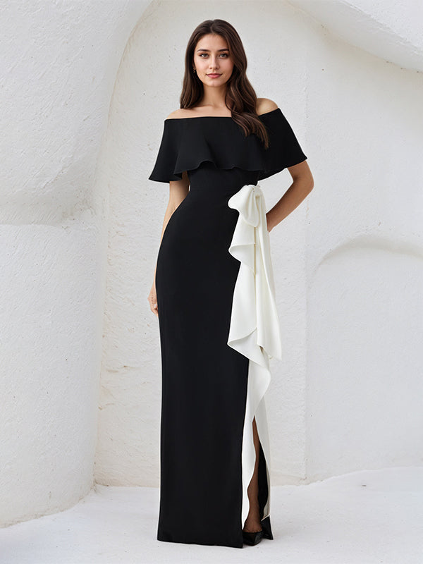 Sheath/Column Off The Shoulder Asymmetrical Length Dress With White Ruffles