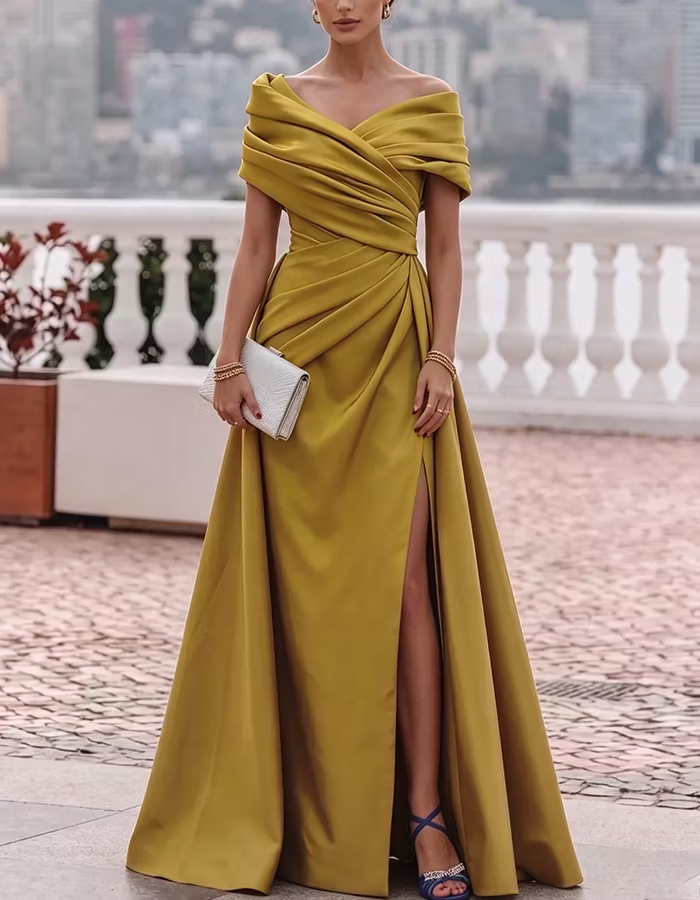 Mustard Yellow Off Shoulder Twisted Ruched Satin Maxi Dress