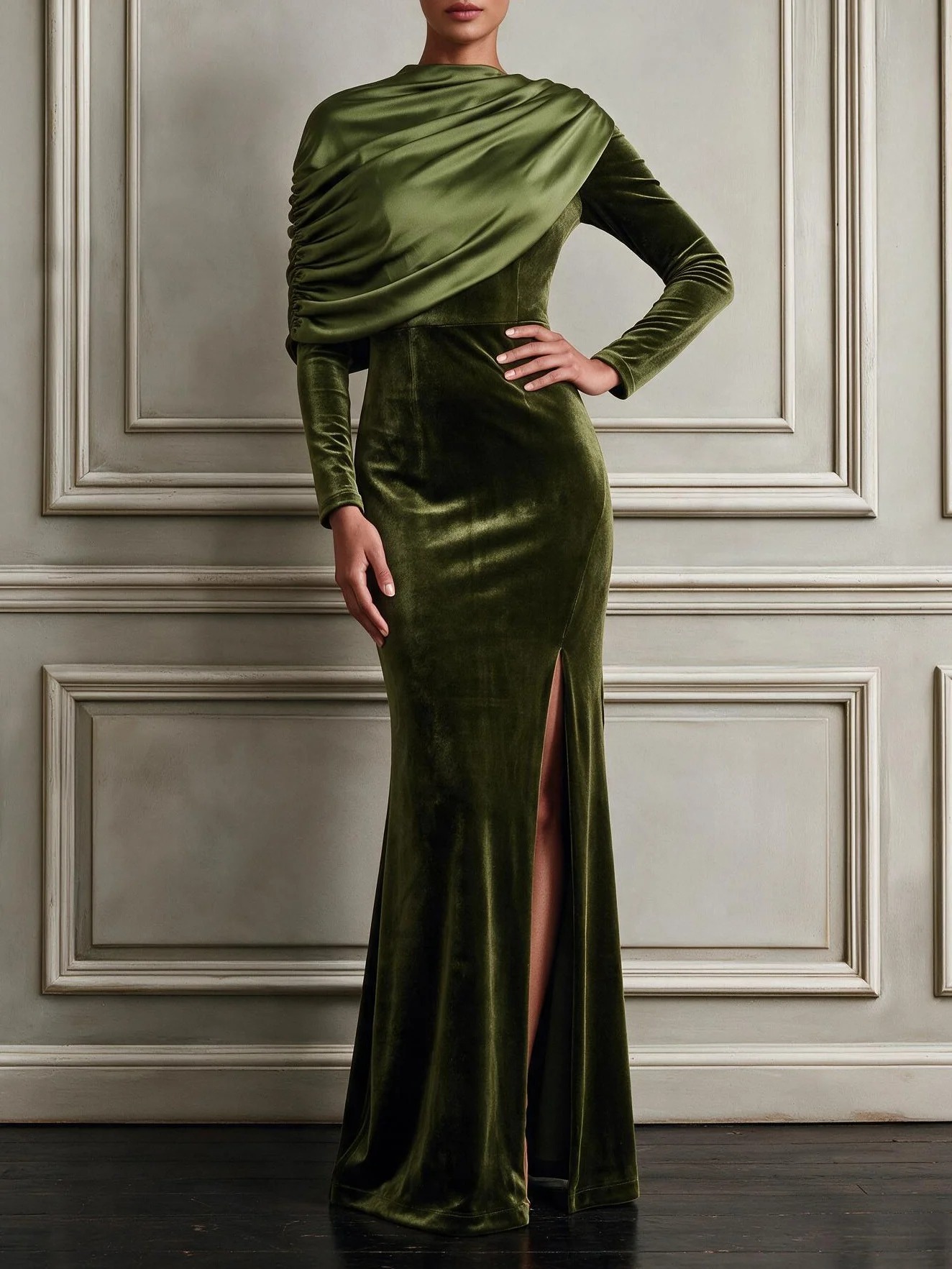 Army Green Ruched Velvet Mock Neck Long Sleeve Mermaid Floor-length Gown Dress