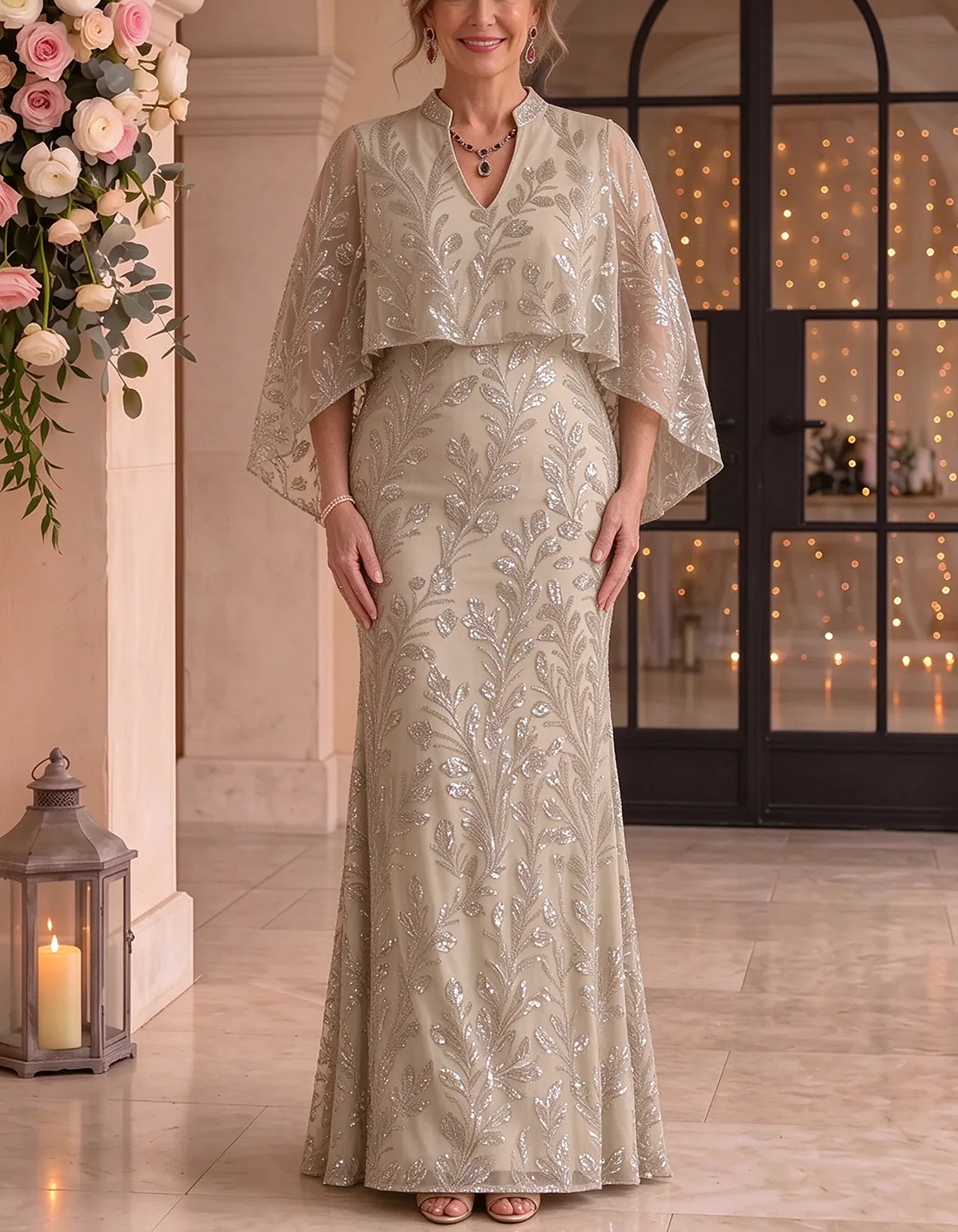 Champagne Sequin Tulle Stand Collar V-Neck Cape Sleeve Maxi Dress
