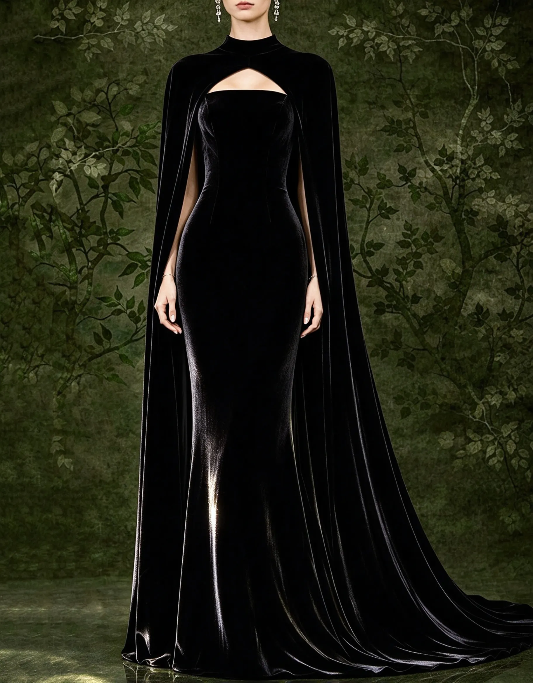 Velvet Long Cape Strapless Mermaid Evening Maxi Dress