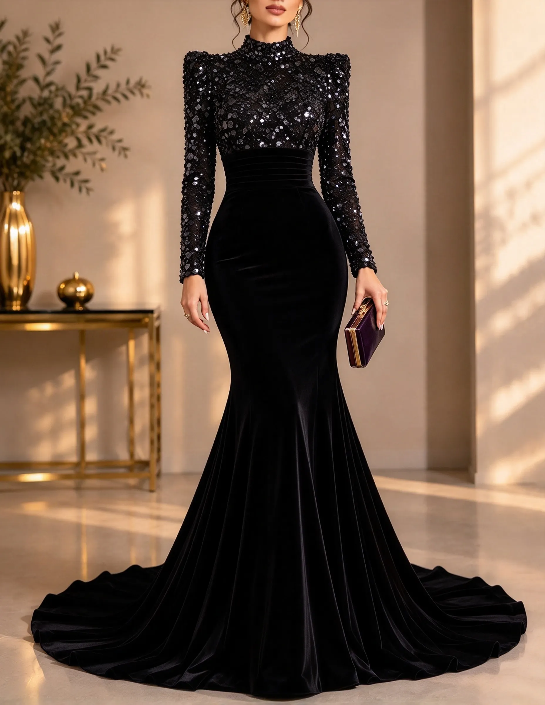 High Neck Heavy Sequin Velvet Mermaid Evening Maxi Dress