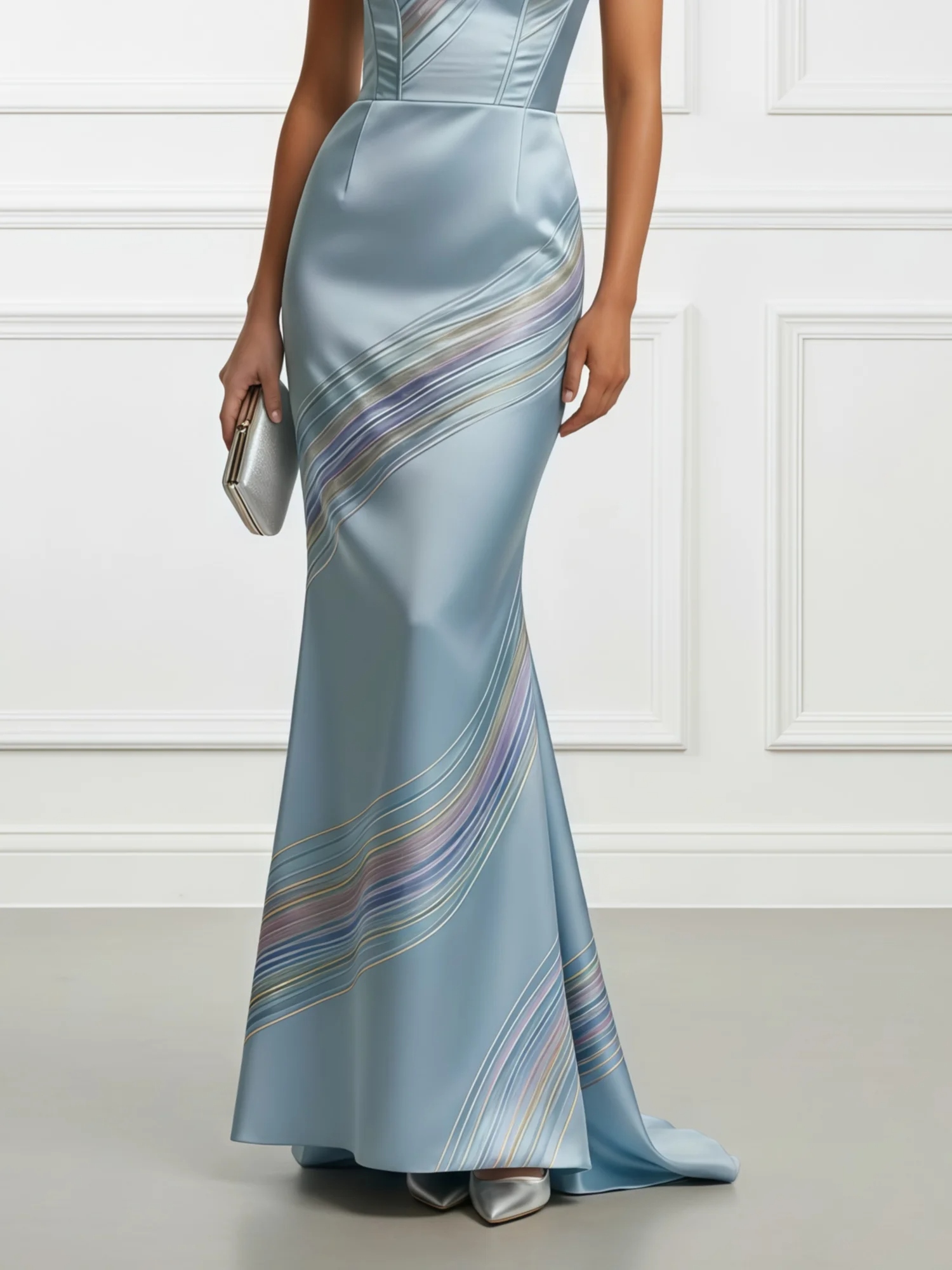 Light Blue Floral Satin Strapless Sleeveless Mermaid Gown Dress