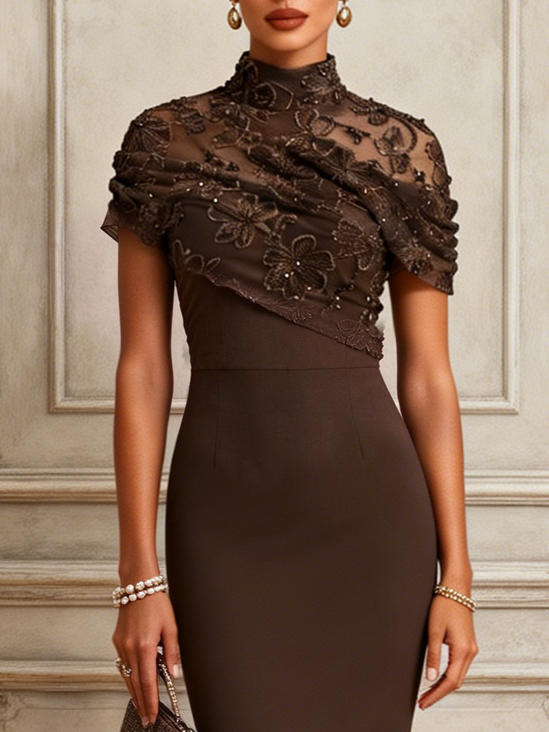 Brown Lace Classic Mock Neck Short Sleeve Sheath Maxi Dress