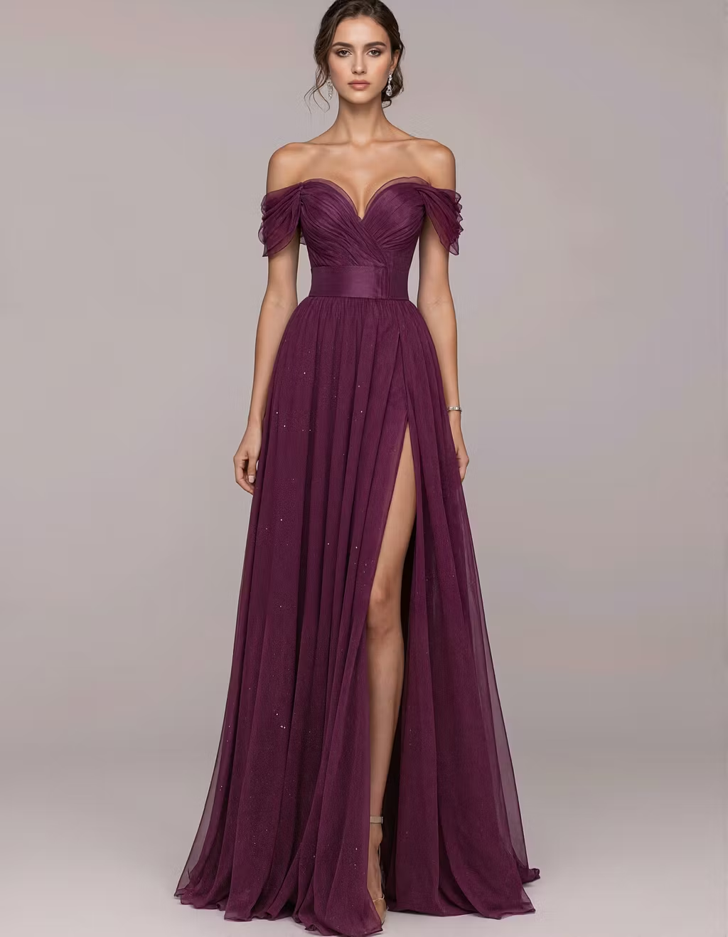 Plum Colored Off Shoulder Sweetheart Neck Chiffon Maxi Dress