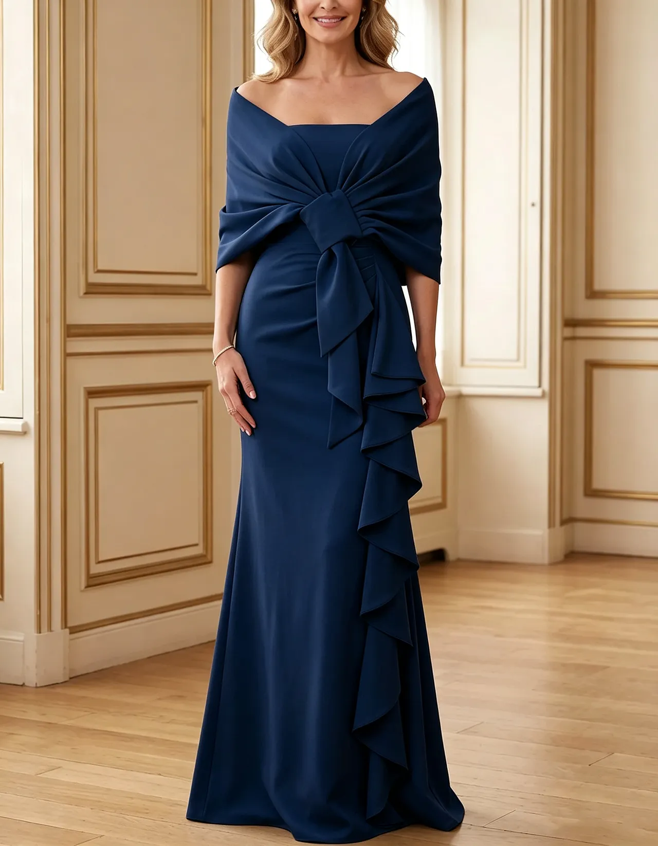 Light Blue Off-the-Shoulder Bow Draped Crepe Mermaid Maxi Dress