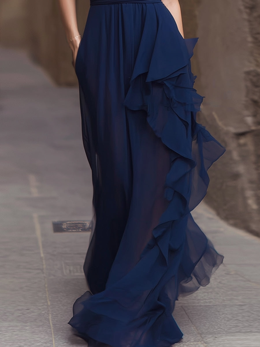 Navy Deep V-Neck Ruffled Chiffon Maxi Dress
