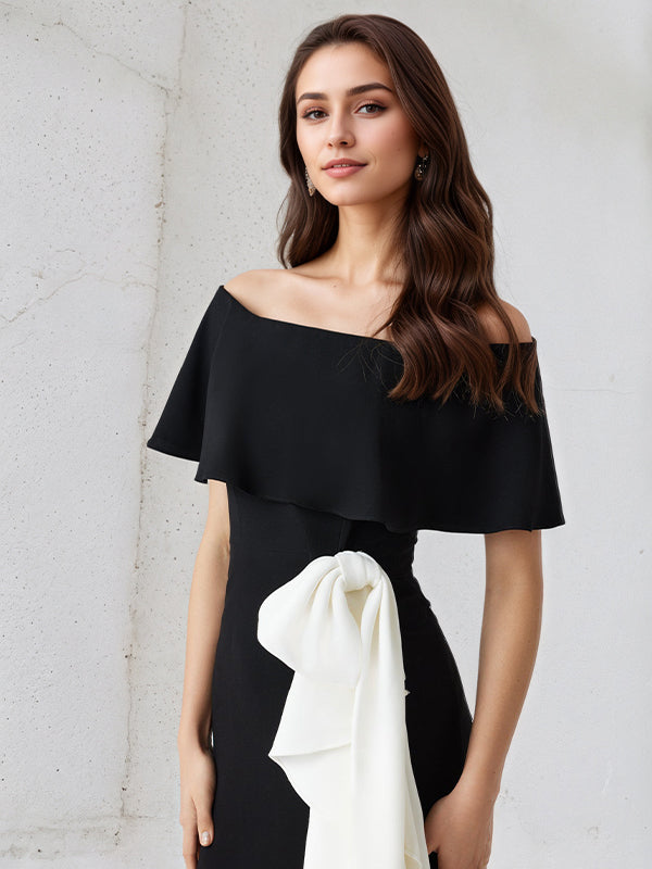 Sheath/Column Off The Shoulder Asymmetrical Length Dress With White Ruffles