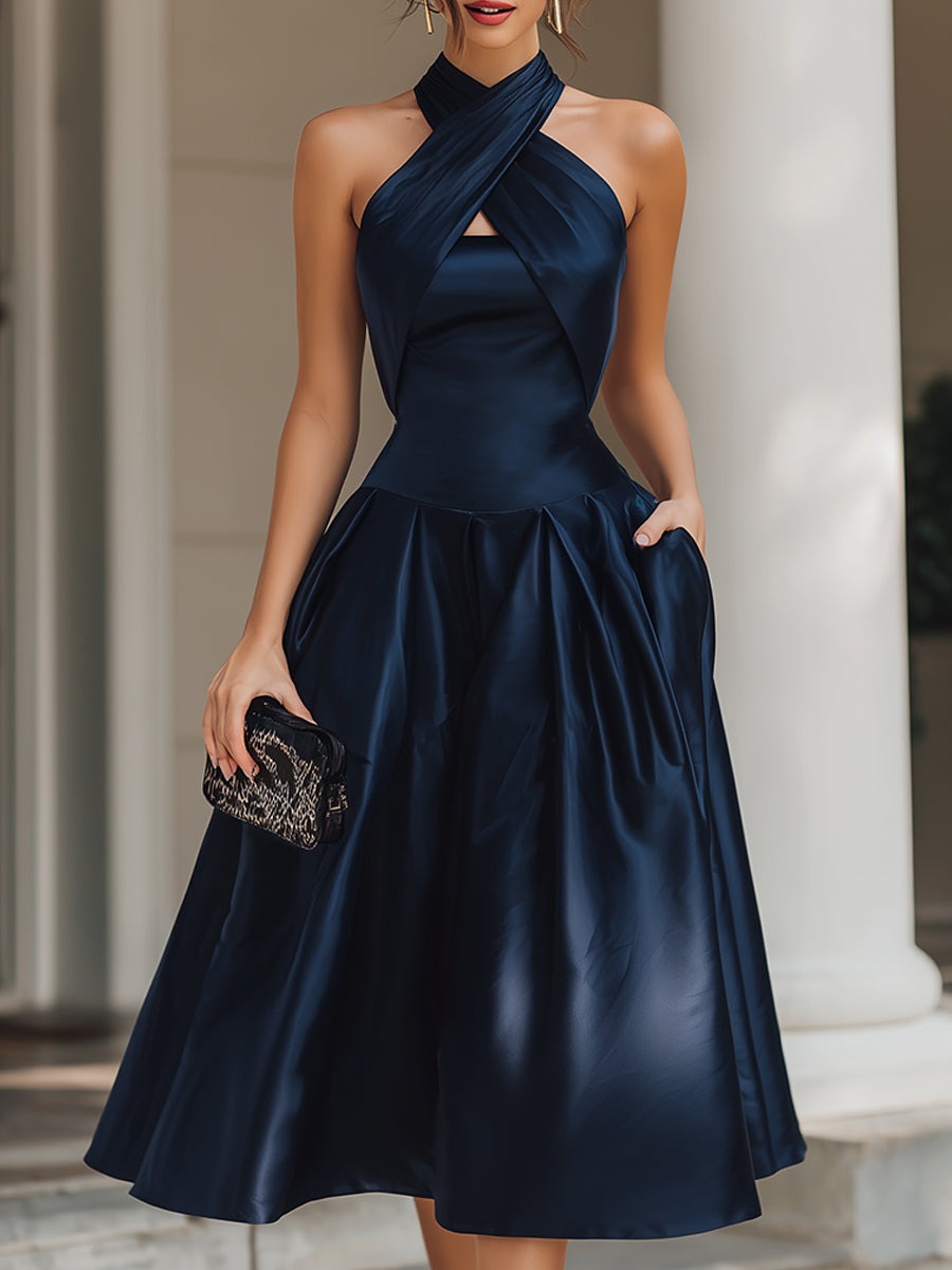 Cross-Halter Pleated Midi Dress