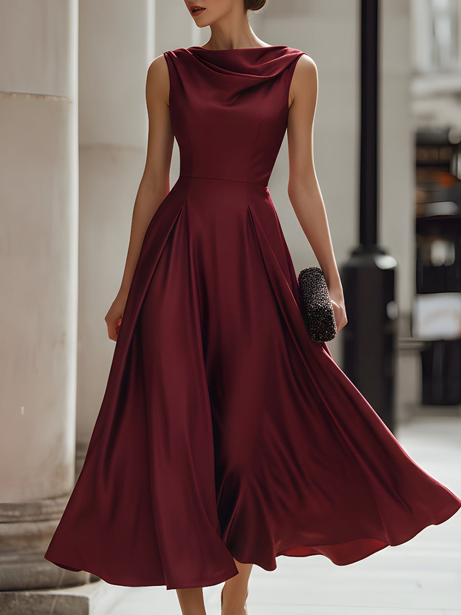 Burgundy Draped Sleeveless Midi Dress With Defined Waist