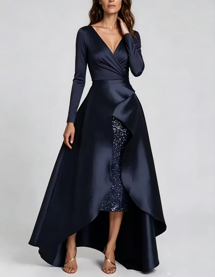 Deep Navy Blue V-neck Long-sleeved High-low Hem Wrap Maxi Dress