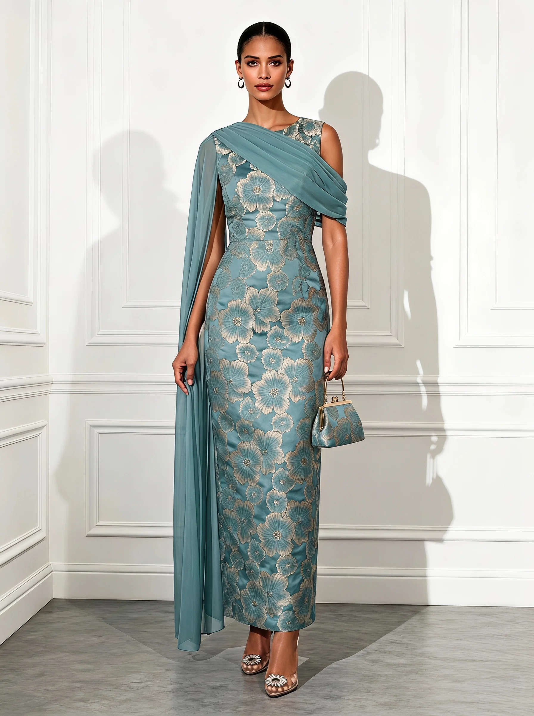 Cyan Jacquard Classic Crew Neck Sleeveless Mermaid Maxi Dress