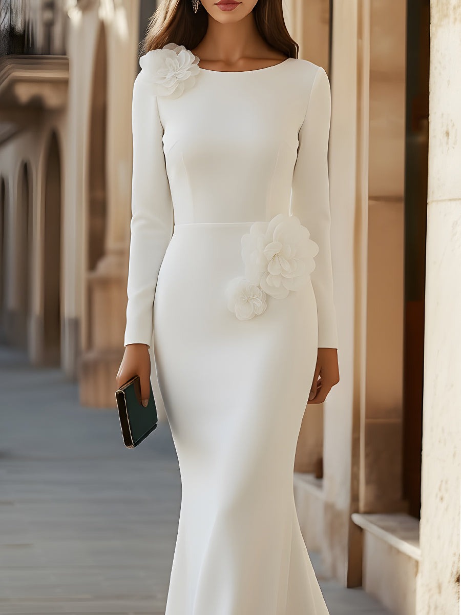 White 3D floral Long Sleeve Gown