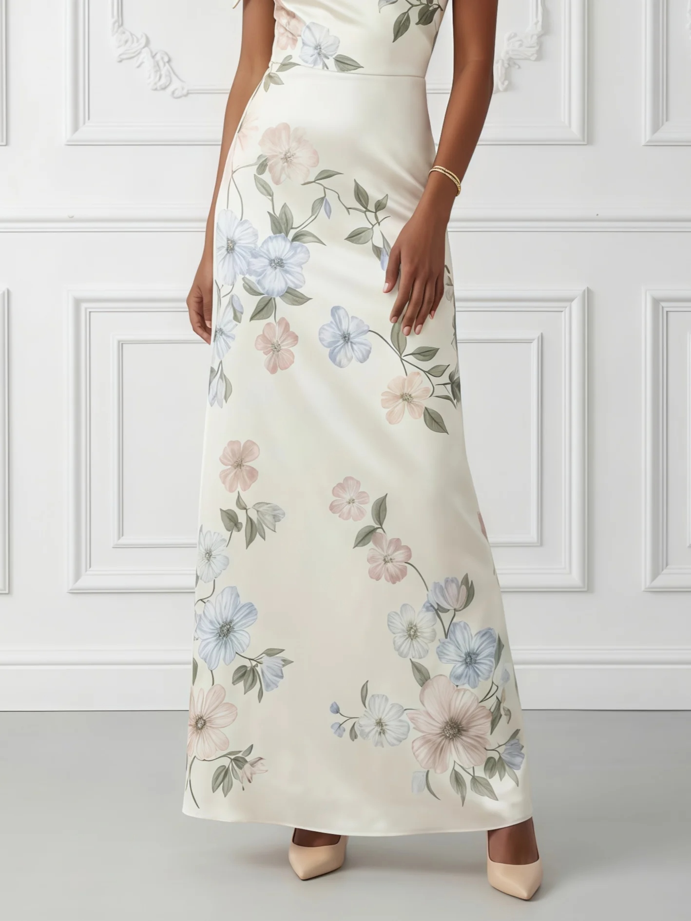 White Floral Bow Satin One Shoulder Sleeveless A-Line Maxi Dress