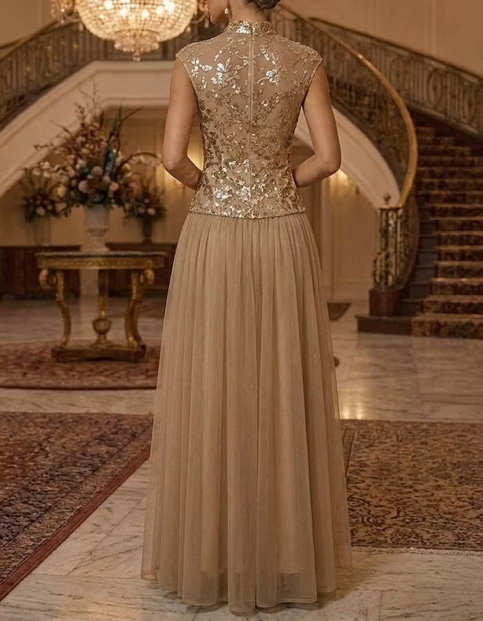 Champagne Mandarin Collar Gold Sequin Lace Tulle Maxi Dress